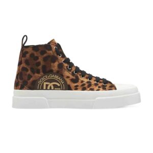 DOLCE AND GABBANA COTTON DRILL PORTOFINO LIGHT MID-TOP SNEAKERS WITH LEOPARD PRINT – DG110