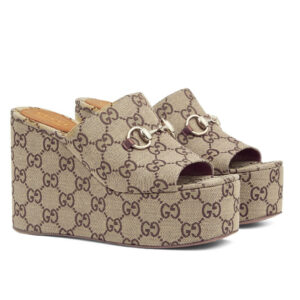 Gucci Women's Horsebit Wedge Sandals Apricot