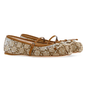 Gucci Women's GG Crystal Gucci Horsebit Ballet Flat 848330 Apricot